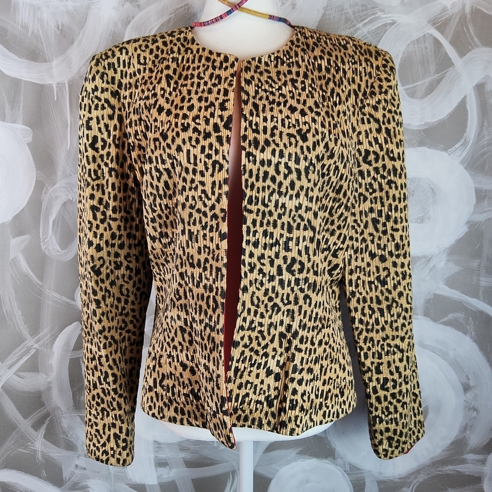 FLORES & FLORES Wmns Sz L Gold Black Cheetah Print Crinkled Jacket ChicCore